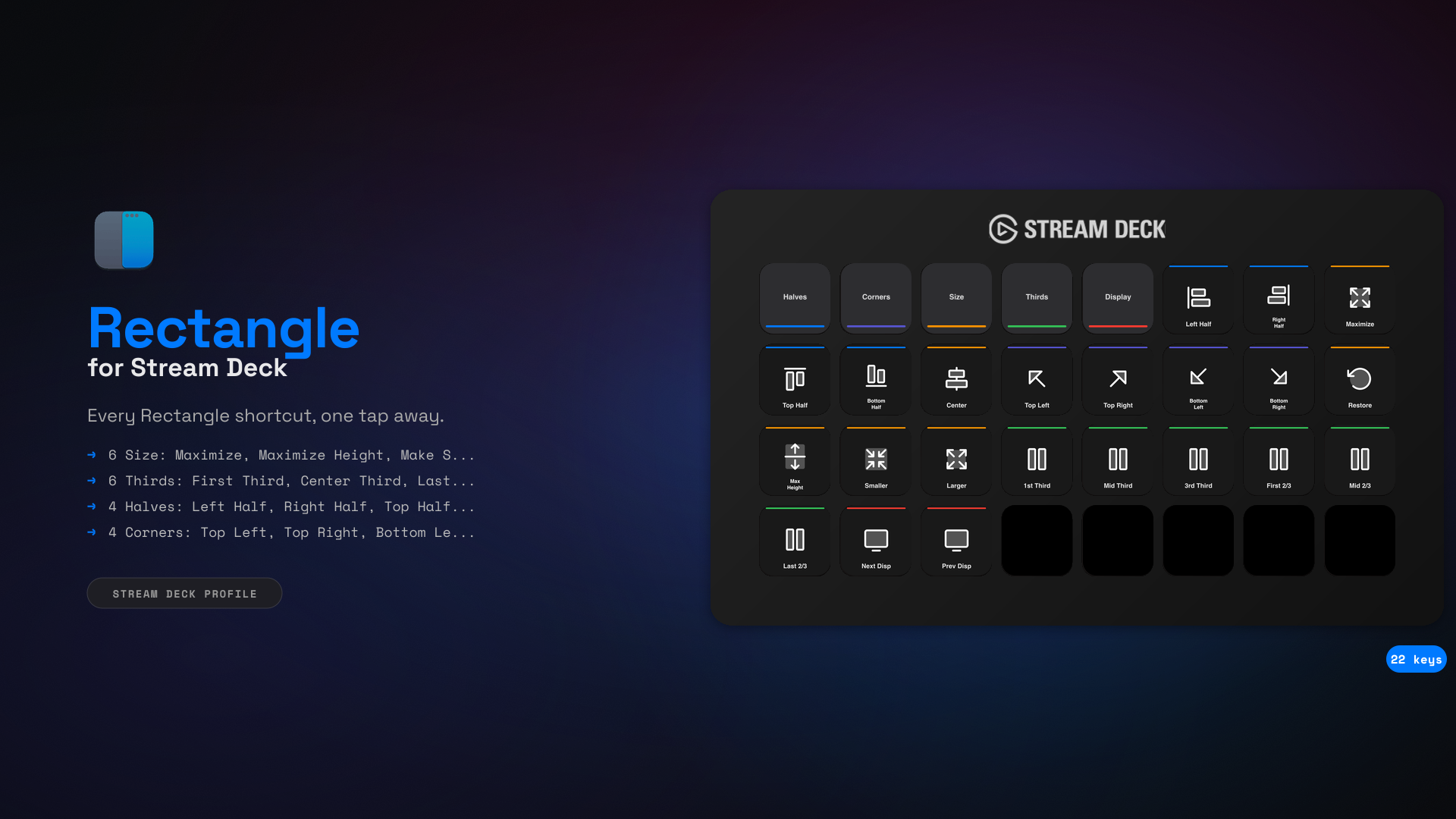 Rectangle Stream Deck Profile — 22 shortcuts
